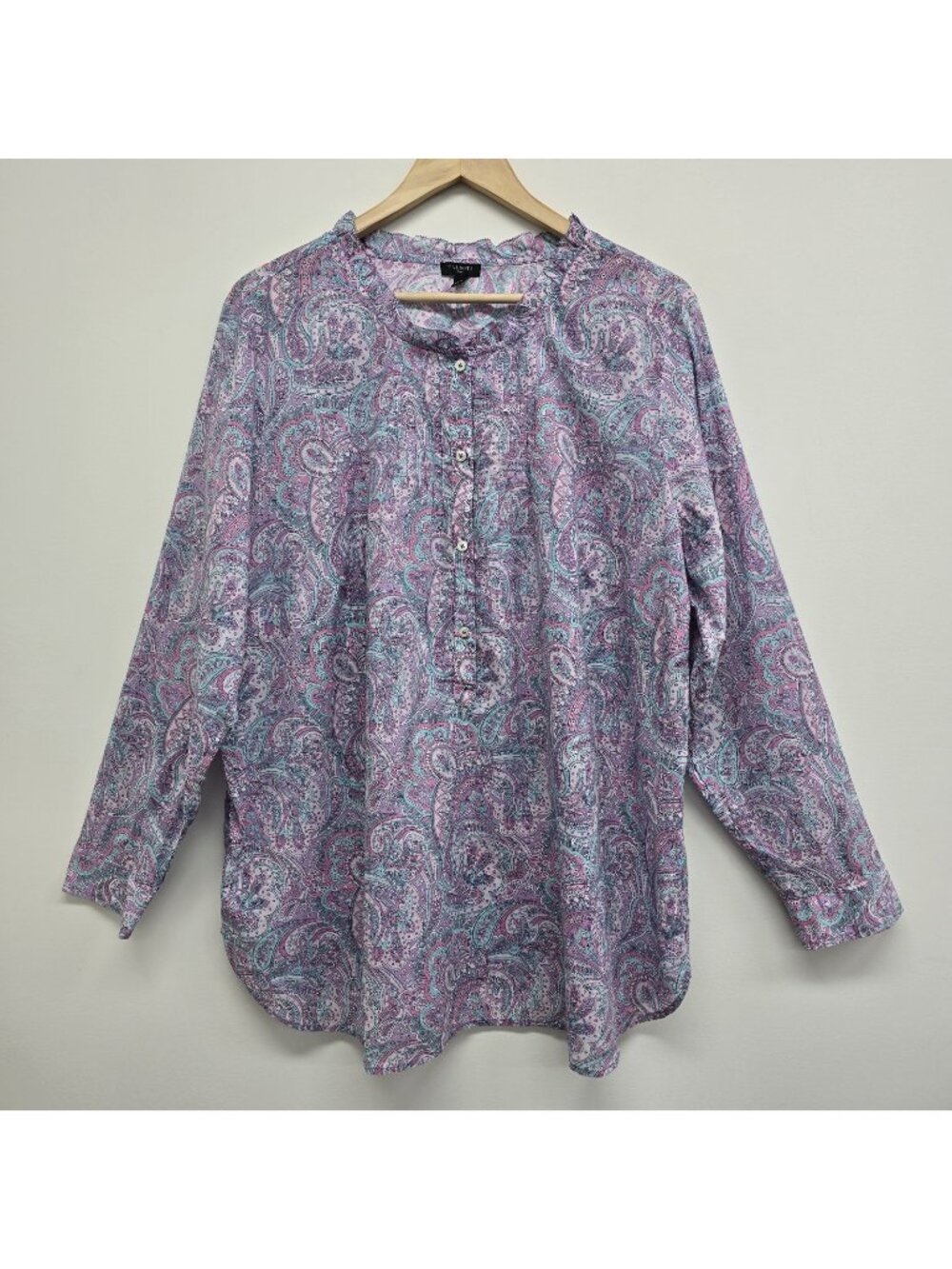 Talbots Plus Paisley Print Popover Blouse 2X Pastel Ruffle Detail Lightweight